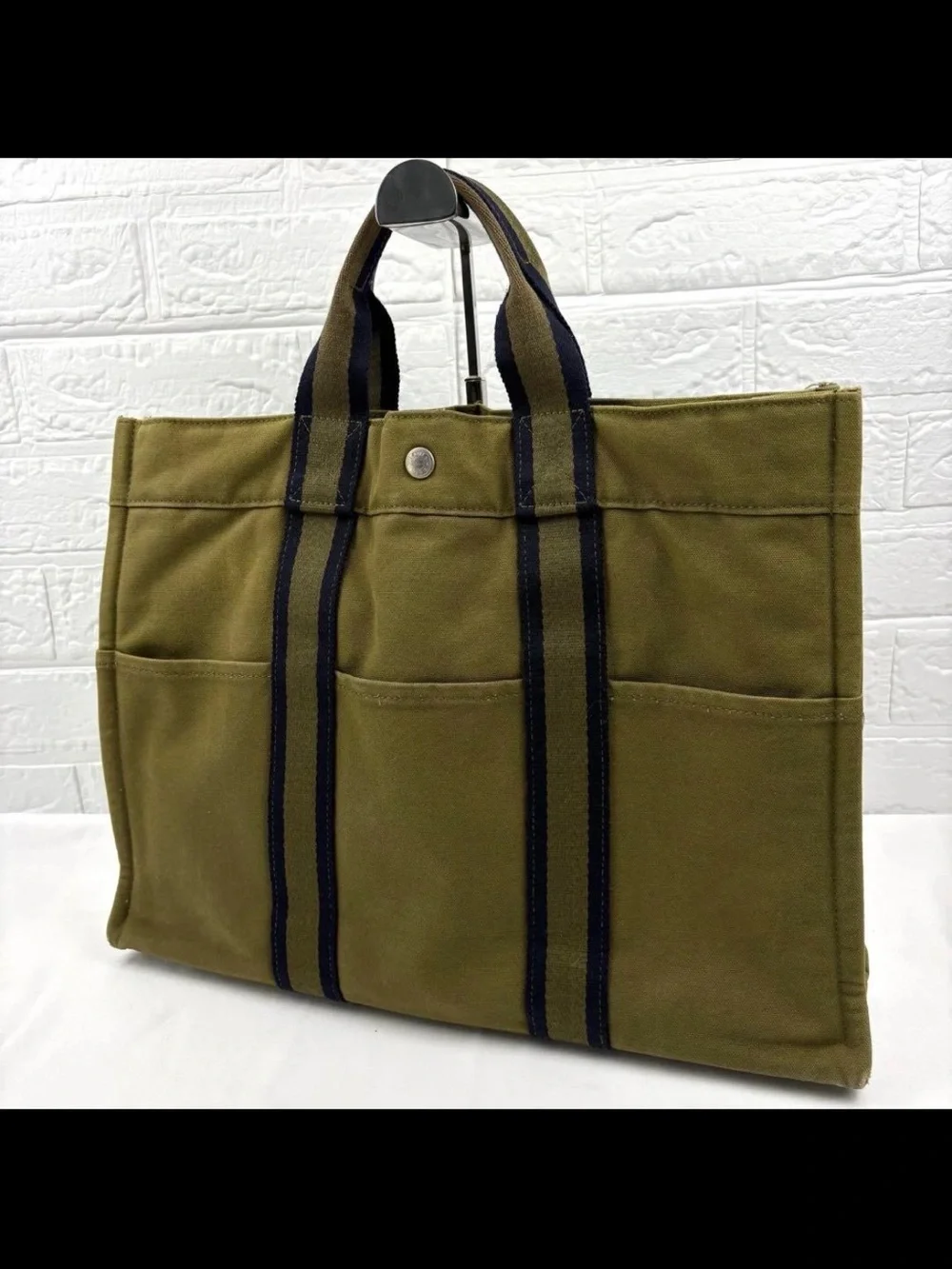 Hermes Olive Green Canvas Tote with Navy Stripe Handles